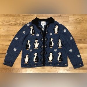 Christopher & Banks Hand Embroidered Blue Penguin Cardigan Sweater Size Medium